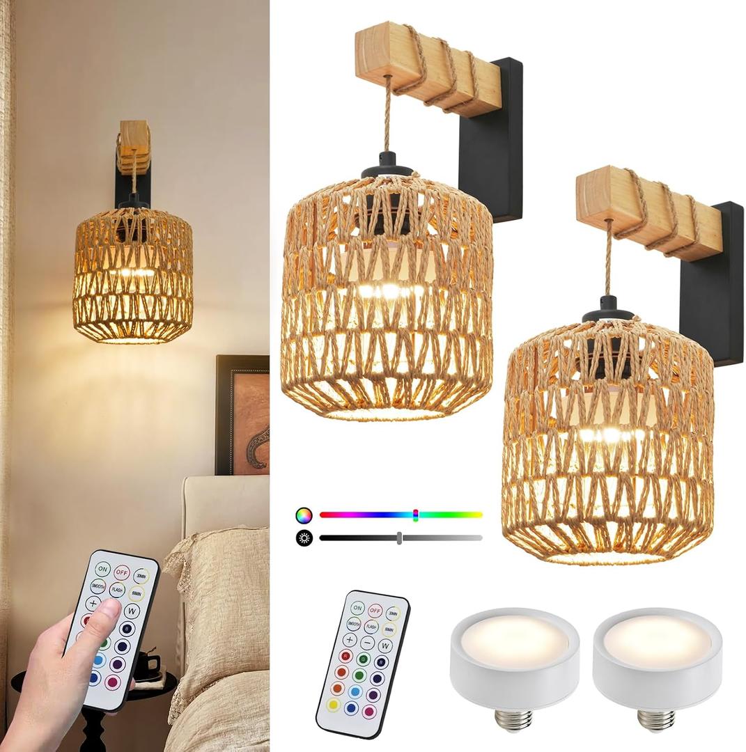Boho Battery Operated Wall Sconce Set of Two, Rattan Rechargeable Wall Sconces with Remote,Wireless Sconces Set of 2 for Bedroom,Living Room,Entryway 15 Colors Dimmable-Black