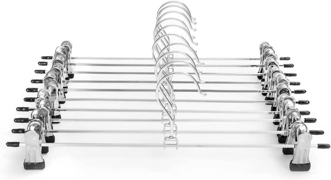 Pants & Skirt Hangers with Adjustable Non-Slip Clips - Space Saving Metal Hangers for Coats, Garments & Jeans - 10 Pack