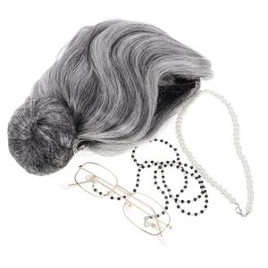 Old Lady Cosplay Set Wig Glasses Necklace and Eyeglass Chain for Halloween Costume Parties and Stage