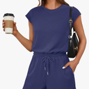 ANRABESS Rompers for Women Summer 2025 Casual Cap Sleeve Crewneck Drawstring One Piece Jumpsuit Outfits with Pockets
, Size -L