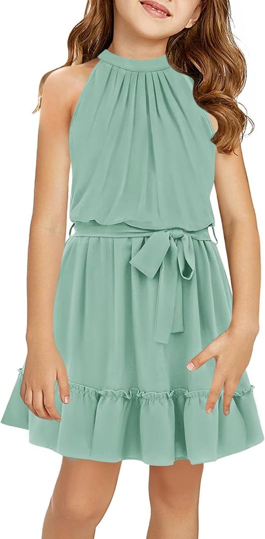 Newffr Girl's Halter Neck Sleeveless Summer Dress Tie Waist A-line Sundress Mini Swing Pleated Dress for Girls (Green,13-14 Years)