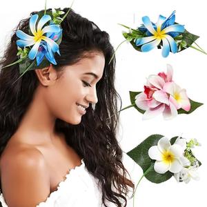 HAIMEIKANG Hawaiian Flower Hair Clip - 3 Pieces Large Artificial Tropical Flower Hair Pins for Women in Blue, Pink, White - Hair Accessories for Wedding, Party, Daily Use