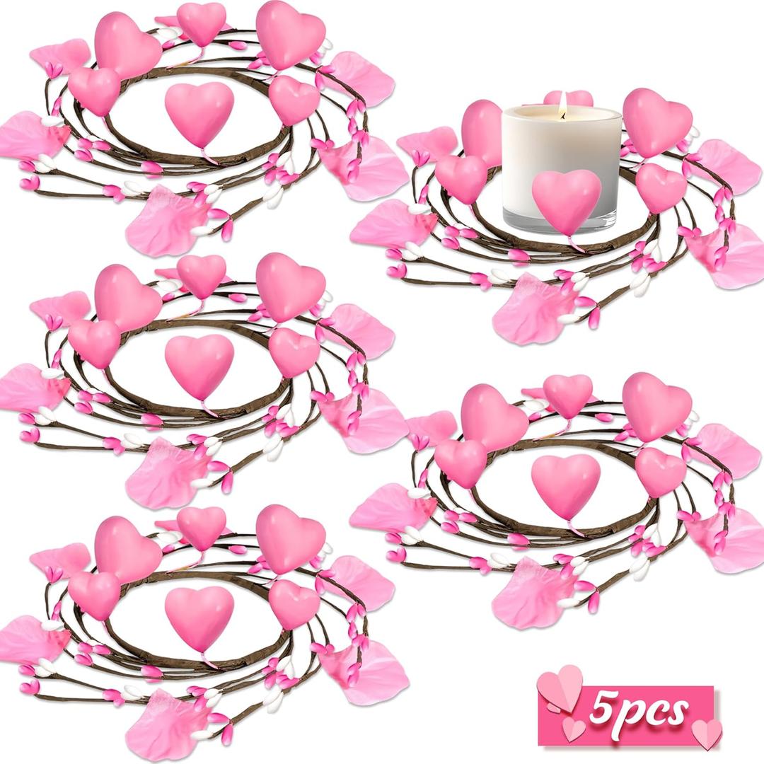 5pcs Valentines Candle Holder Rings Decor - Valentine's Pink Heart Pillar Candles Wreath with 50pcs Petals, Wedding Table Centerpieces
