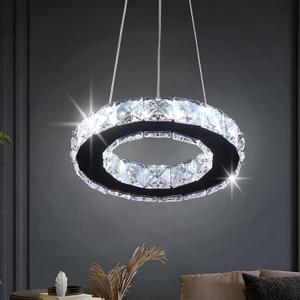 Modern Crystal Chandeliers LED Pendant Lighting Round Ring Chrome Flush Mount Ceiling Light Fixture Mini Chandeliers for Dining Room Kitchen Island Hallway (Cool White)