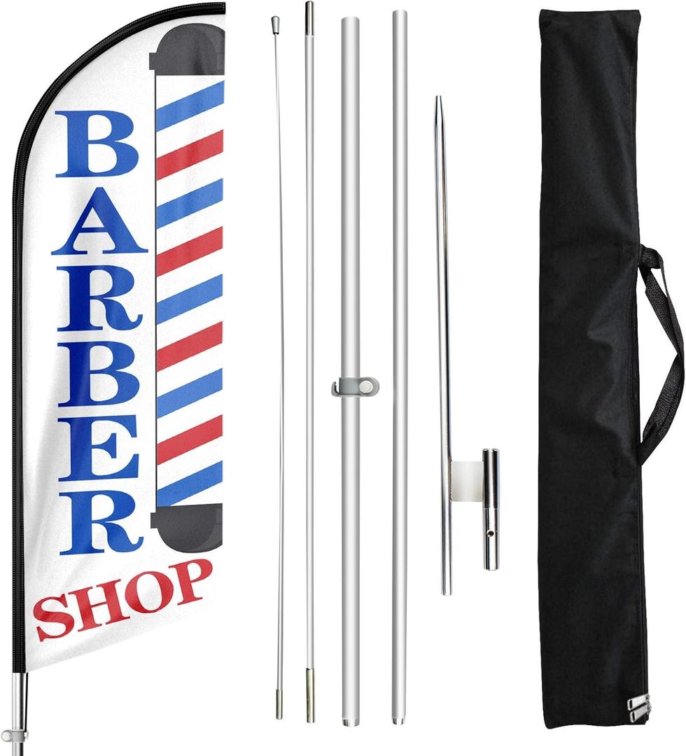 Barber Flag, Barbershop Flags with Pole Kit, Barbershop Flag with Pole Set for Businesses, Advertising Swooper Feather Flag Banner Sign for Barber Shop Business 11FT