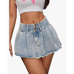 WDIRARA Women's Low Waist Button Pleated Hem A Line Raw Hem Mini Denim Skirt, L Size