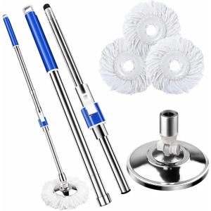 Replacement Handle for Swivel mop, 360 Swivel Adjustment, Reinforced Locking Telescopic Pole + 3 Reusable Microfiber mop Refills + 1 Stainless Steel Tray, Multi-Scenario mop Handle (Blue)