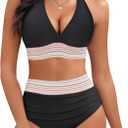 Women Tummy Control Two Piece Swimsuit - High Waisted Bathing Suit Halter Bikini Set Push Up Swimwear 2025 (Medium, Black)
