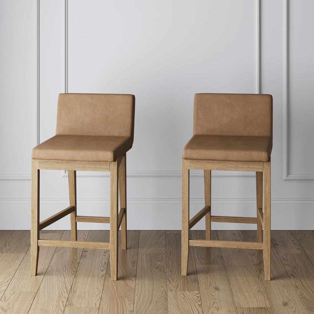 Nathan James Gracie Modern Counter Height Bar Stool with Back, Counter Stool Upholstered Chair with PU Leather and Brushed Wooden Legs, Light Brown, Set of 2