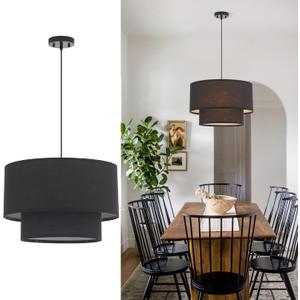 VILUXY Modern Black Chandelier Fabric Pendant Light Fixture Double Drum Shade Hanging Ceiling Chandelier 3 Lights Round Linen for Bedroom Dining Room Living Room Foyer