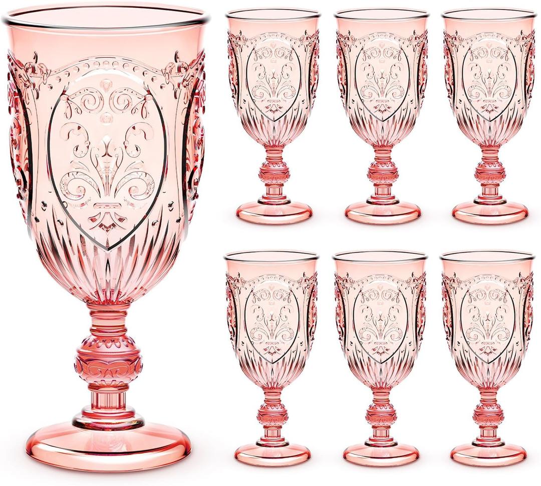 Wiwiqing 6 Pcs Plastic Goblets 7.5oz Vintage Goblet Plastic Wine Glasses Colored Retro Embossed Water Goblets for Wine Bar Juice Baby Shower Wedding Reception Grand Event Party (Pink)