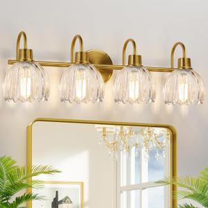 4-Light Bathroom Light Fixtures, 27" Brushed Gold Vanity Lights for Bathroom with Ribbed Clear Tulip Glass Shade, Vintage Bathroom Vanity Lighting Fixtures Over Mirror for Bedroom Living Room Hallway