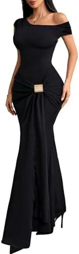 GothDark Women's Elegant Ruched Bodycon Maxi Dress One Shoulder Mermaid Gown Adjustable Buckle for Cocktail Party Formal L