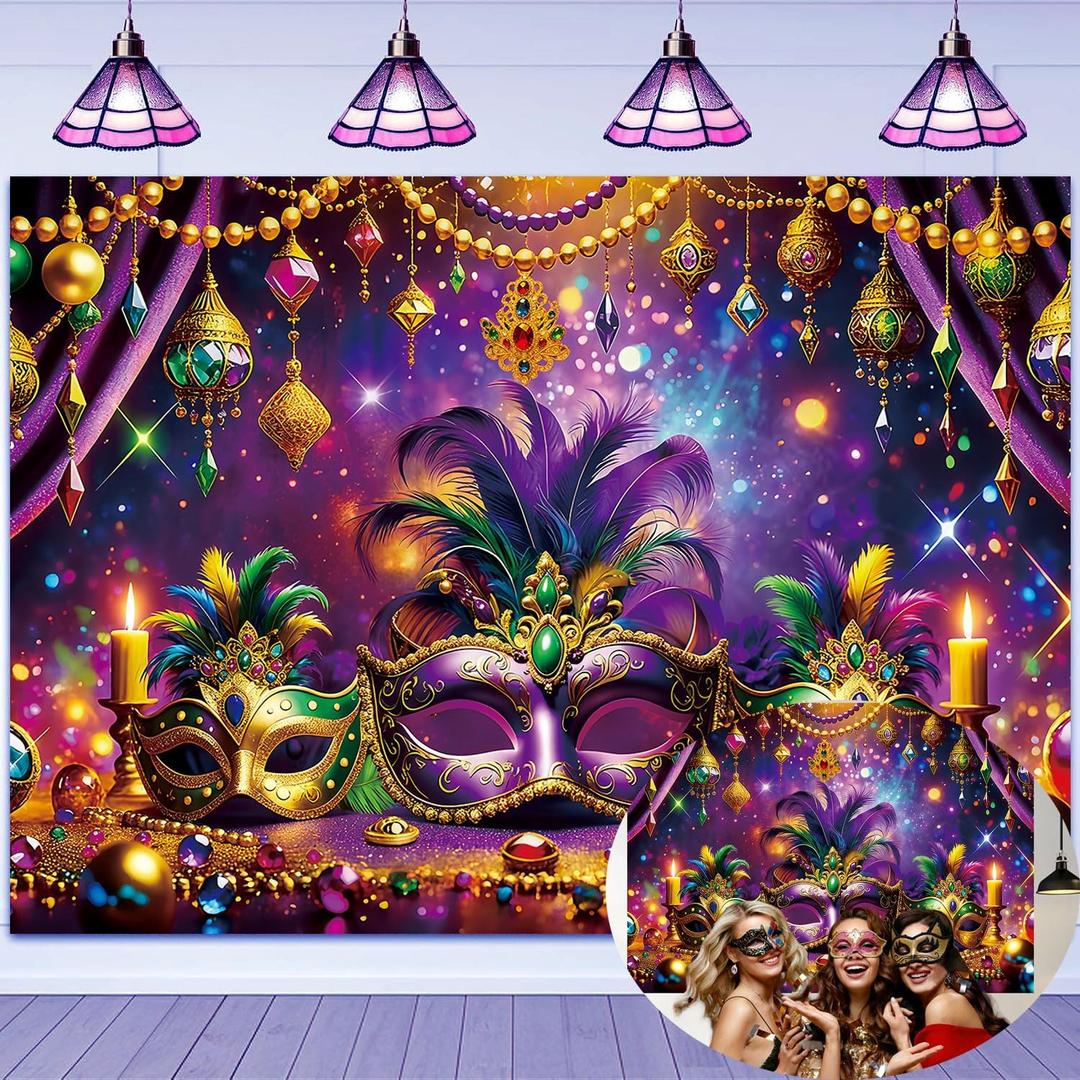 Mardi Gras Backdrop Masquerade Party Decorations 7x5FT Purple Gold Mask Dancing Party Photography Background for Mardi Gras Carnival Dress-up Evening Party Photo Props