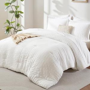 CozyLux Queen Comforter Set White Seersucker 6 Pieces Bed in a Bag Queen Comforter Set with Sheets, Luxury Soft Bedding Set with Down Alternative Comforter, Sheets, Pillowcases & Shams for All Seasons White