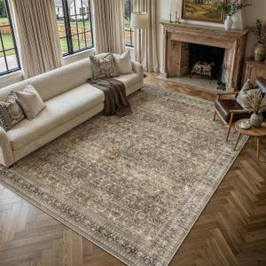 HUGEAR Area Rug 8x10 Vintage Brown Machine Washable Living Room Rugs Distressed Retro Floral Mid Pile Carpet Soft Thicker Carpet Bedroom Office Dining Room Laundry Room Non Slip Soft