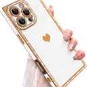for iPhone 16 Pro Max Case Cute Love Heart Plating for Women, with Screen Protector, Glitter Sparkle Rhinestone Diamond Border Design Slim Rectangle Wireless Protection Case Cover, White
