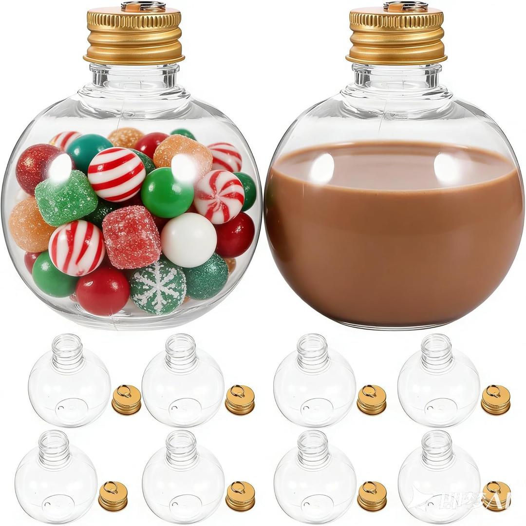Veemoon Christmas Drink Balls, 250ml Clear Ornament Balls 10pcs Fillable Booze Ball Christmas Tree Ornament Water Bottle Bulb Juice Bottle Xmas Hanging Pendant Ball for Holiday Favor Golden