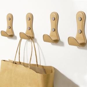 4PCS Coat Hooks Wall, Leather Coat Hook Zinc Alloy Structure Leather Wrap, Leather Hooks for Bedrooms, Mudroom, Entryway (Khaki)