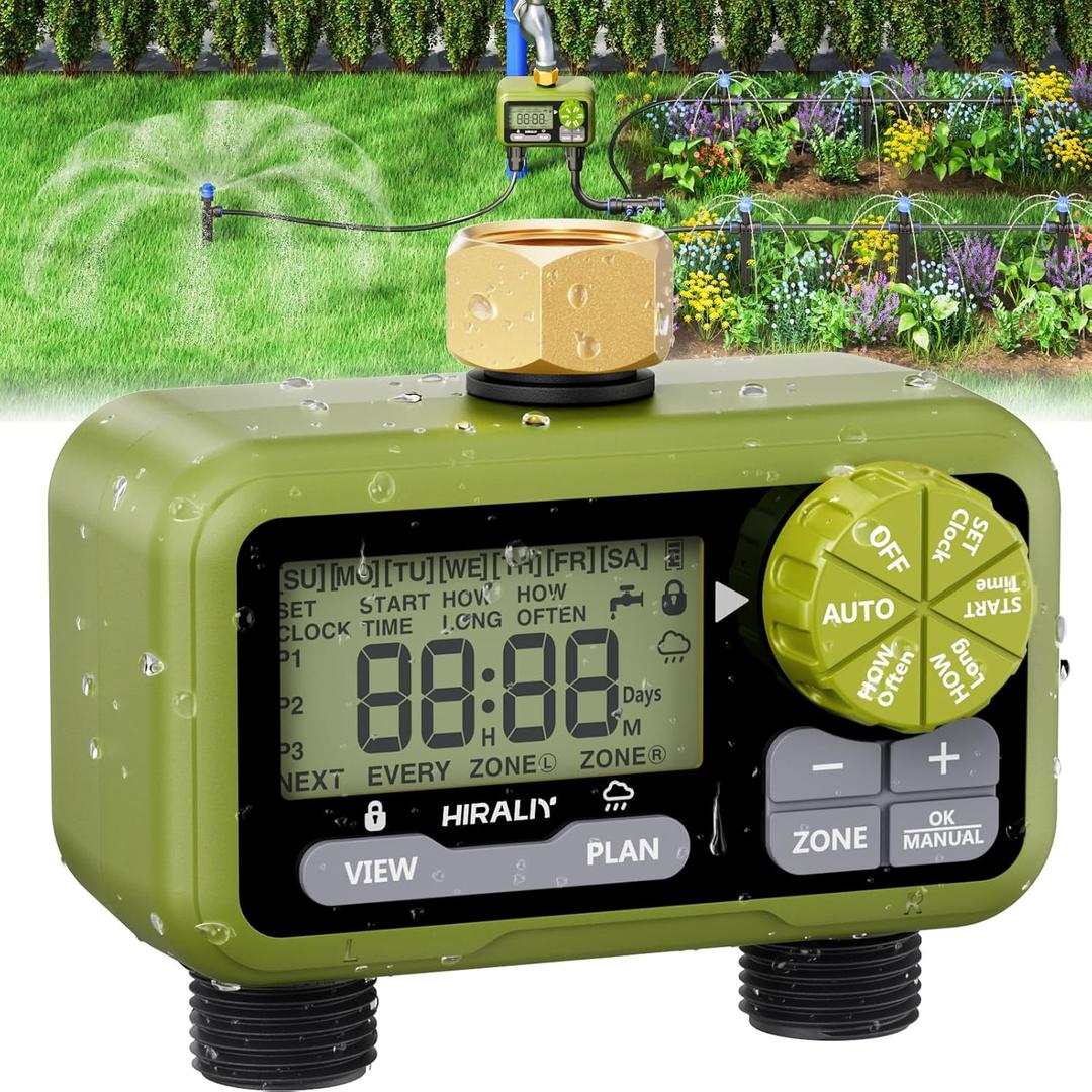 HIRALIY Sprinkler Timer, Water Timer for Garden Hose 2 Zone, Programmable for Watering, Automatic Irrigation System for Yard Lawn, Brass Swivel, IP65 Waterproof (Green)