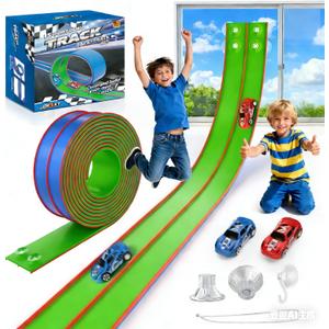 Flexible Race Track for Kids 15 Feet of DIY Flex Track Race with 2 Cars & 3 Strong Suction Cups Car Ramp Toy Track, for Kids Ages 3+, Blue Green