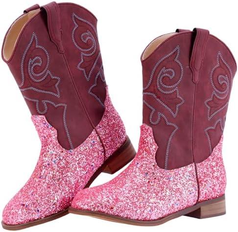 RLW Girls Cowboy Boots Kids Cowgirl Western Boot Glitter Round Toe with Walking Heel Size 7 Sequins Pink