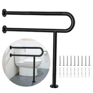 Toilet Support Rail 31.3X 31.5 Inch, Munzong Anti-Slip Black Handicap Grab Bar for Bathroom, Stainless Steel Knurled Safety handrails with Leg for Elderly Disabled Pregnant-1.25Tube