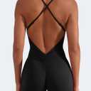 YEOREO Backless Tummy Control Jumpsuits for Women One Piece Workout Jumpsuits Sleeveless V Back Lizvette Scrunch Yoga Rompers (Black, S)