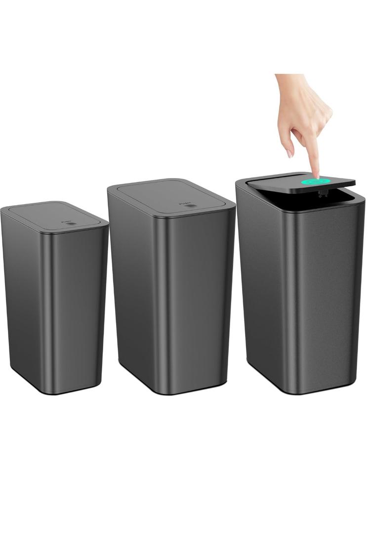 N. NETDOT Bathroom Trash Can with Lid 3 Pack Set, 4 Gal Slim Kitchen Trash Can and 1 Pack 2.6Gal Garbage Can, Small Trash Can/Trash Bin/Waste Basket for Bedroom (Black, Pack of 3)