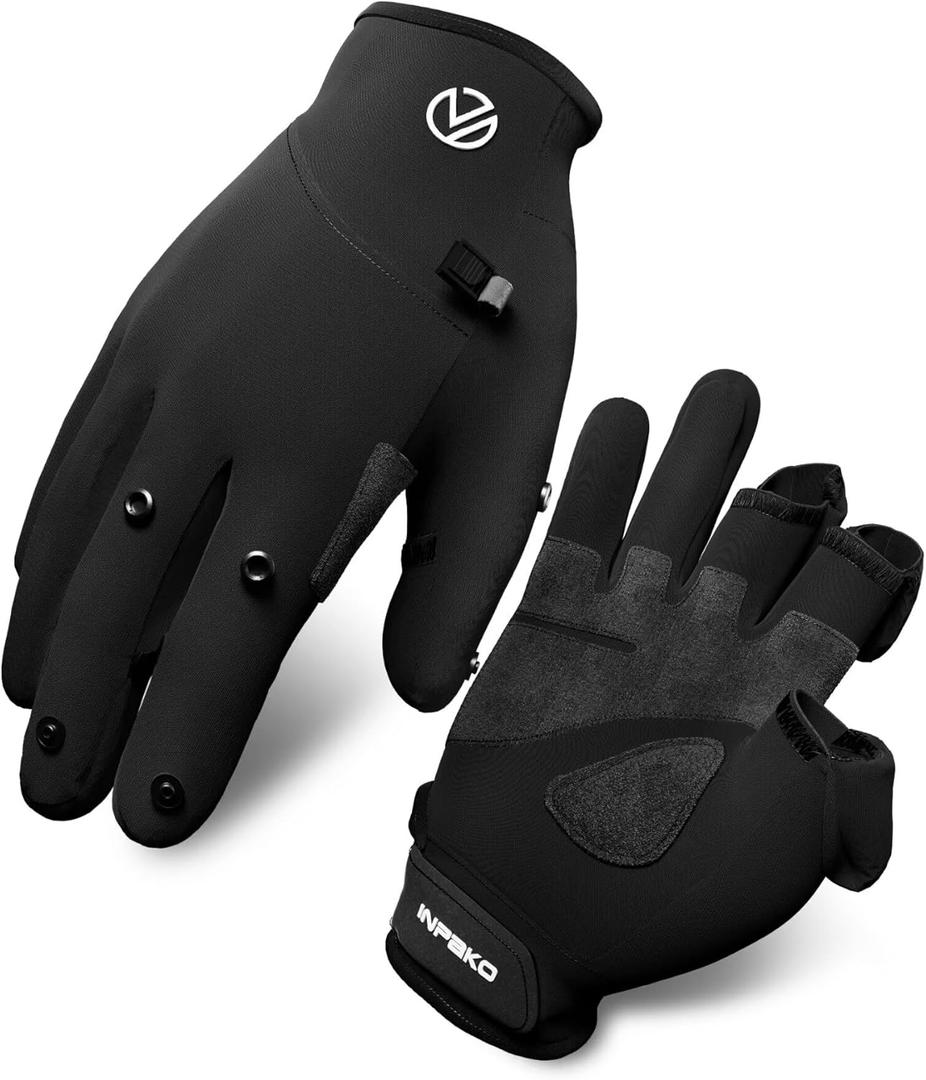 Fishing Gloves, Winter Fishing Gloves for Men Women, 3 Fingerless Fleece Lined for Cold Weather Ice Fishing (Large, Black)