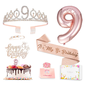9th Birthday Decorations for Girls, Including 9 year old Birthday Cake Topper, Queen Sash with Pearl Pin, Sweet Rhinestone Tiara Crown, Number Candles and Balloons Set, Rose Gold