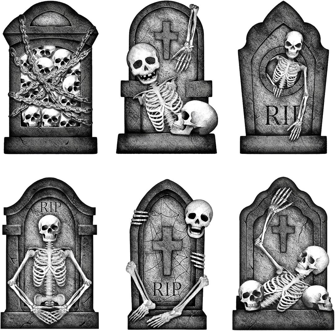 Graveyard Tombstones Halloween Decorations Outdoor: 6pcs Large Scary Gravestone Yard Signs with Stakes, Realistic Skeleton Skull Headstone Halloween Decor Outside for Kid Home Garden Lawn Front Porch