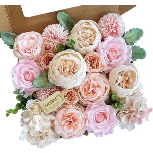 Peonies Artificial Flowers Pink Silk Roses Bulk for DIY Wedding Bouquet Bridal Shower Decorations Fake Floral Arrangements Party Table Centerpieces Home Decor Indoor Blush Peach Box 20pcs