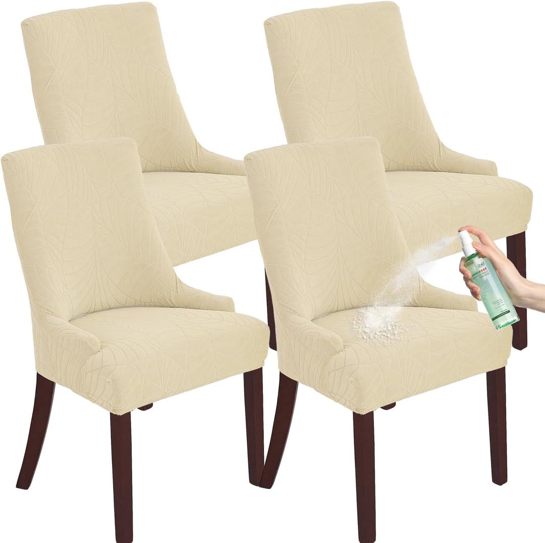 Jacquard Waterproof Stretch Wingback Chair Cover Slipcover - Reusable Protector Cover for Dining Room Banquet Home Decor etc Machine Washable Hand Washable (Beige,4PC)