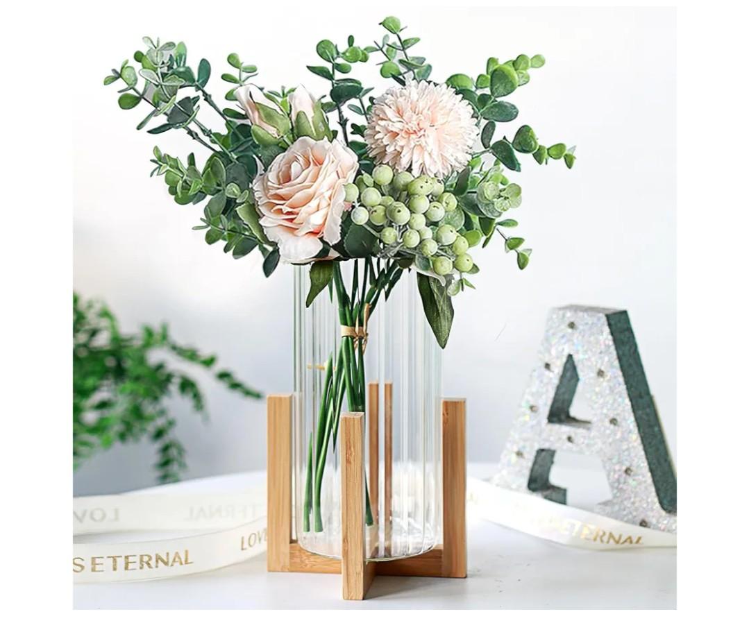 Glass Cylinder Vase with Wood Base,Bud Vase for Centerpieces,8 Inches Clear Ribbed Flower Vase,Tall Glass vase Hurricane Candle Holder,Wooden Vase Decorative for Home Decor,Wedding,Housewarming Gift