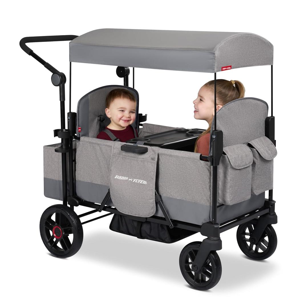 Radio Flyer Pathfinder 2-Seat Stroller Wagon, for Kids 6+ Months, Compact Fold, UV Canopy, Snack Tray & Storage, Cup Holders, All-Terrain Tires, Seats Convert to Flatbed, Stroller Wagon for Kids