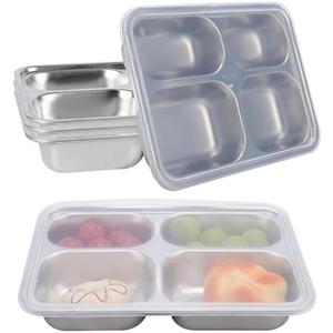 4 Pcs Stainless Steel Snack Containers with Lids, 4-Compartment Reusable Metal Bento Box Food Storage Containers, Durable Lunch Boxes for Office, Home and Travel