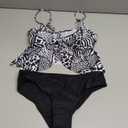 Cute Floral Tie-Front Tankini for Women&Teen Girls, Ruffle Top and Mid-Rise Bottom Two Piece, for Beach Vacation (Large, Black and White)