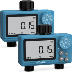 TiFFCOFiO Sprinkler Timer Outdoor, Digital Pogrammable for Garden Hose, Irrigrtion Timer with Rain Delay and Manual Mode (2 Oulets, 2 Packs)