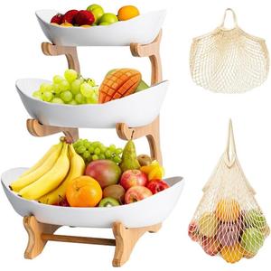3 Tiered Fruit Bowl, Plastic Vegetable Storage with Bamboo Wood, Fruit Basket with Shopping Mesh Bags for Fruit Vegetable Storage Snack Party