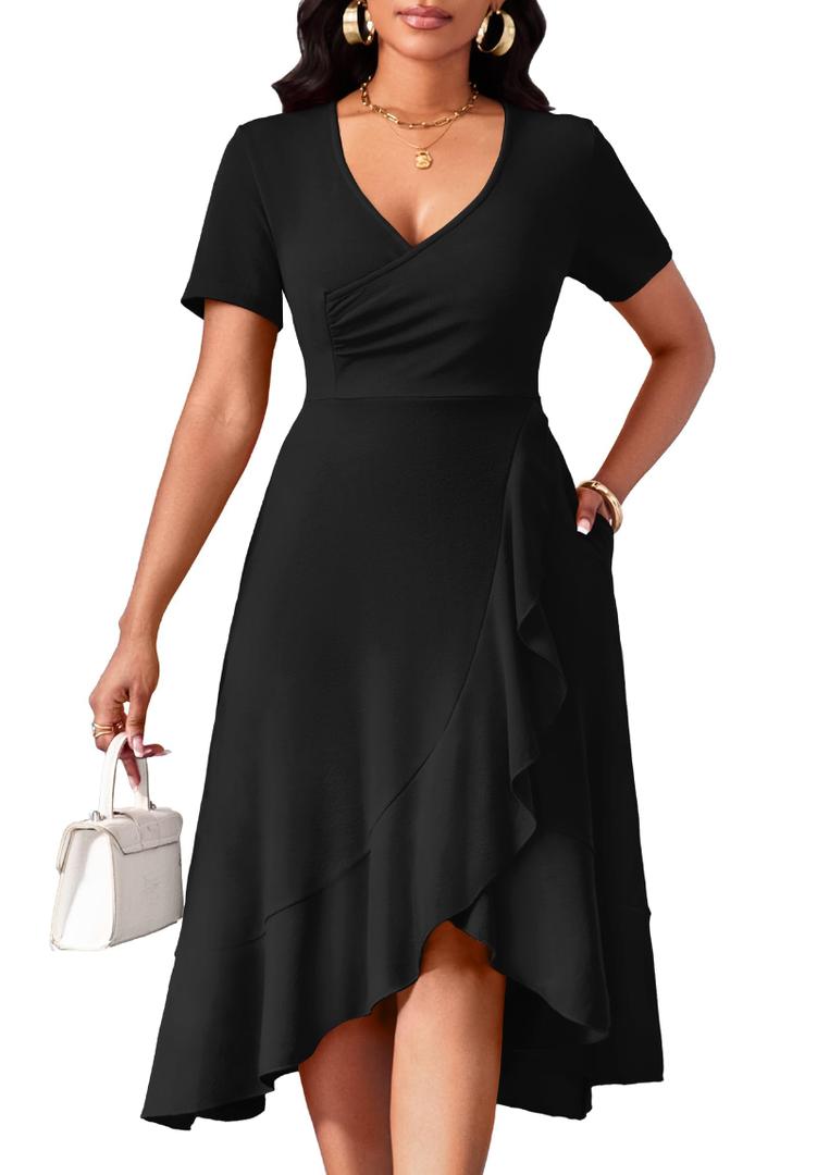MarryUP Casual Black Formal Wedding Guest Dress for Women 2026 Summer Short Sleeve V Neck Tiered Belted Ruffle Hem Dress Midi Dress with Pockets Black 3XL
