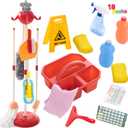 18 Pieces Detachable Housekeeping Cleaning Pretend Toy Set for Kids, Household Cleaning Tools Hanging Stand, Wet Floor Sign and Multiple Cleaning Tools Housekeeping Toys for Toddlers and Kids
