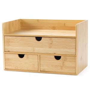 Bamboo Desk Organizer with Drawers, 3-Drawer Desktop Storage Box | 3 Drawers Open Top Tray Fully Assembled Stores Pens, Notes, Makeup, Jewelry & Toiletries for Office, Vanity & Bath