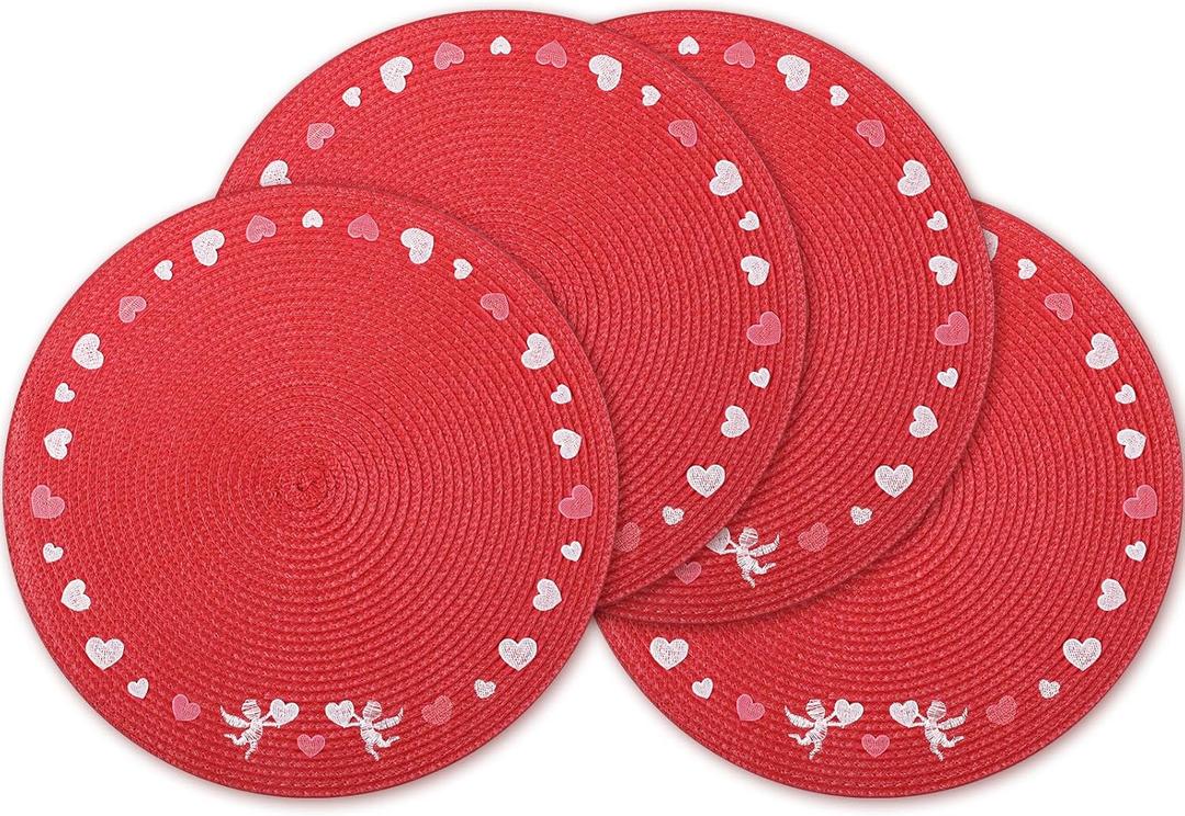 Remerry Valentine's Day Embroidered Placemats Set of 4, Round 13 Inch Washable Non-Slip Woven Table Mats Wedding Anniversary Place Mats for Party Kitchen Dining Decoration (Red)