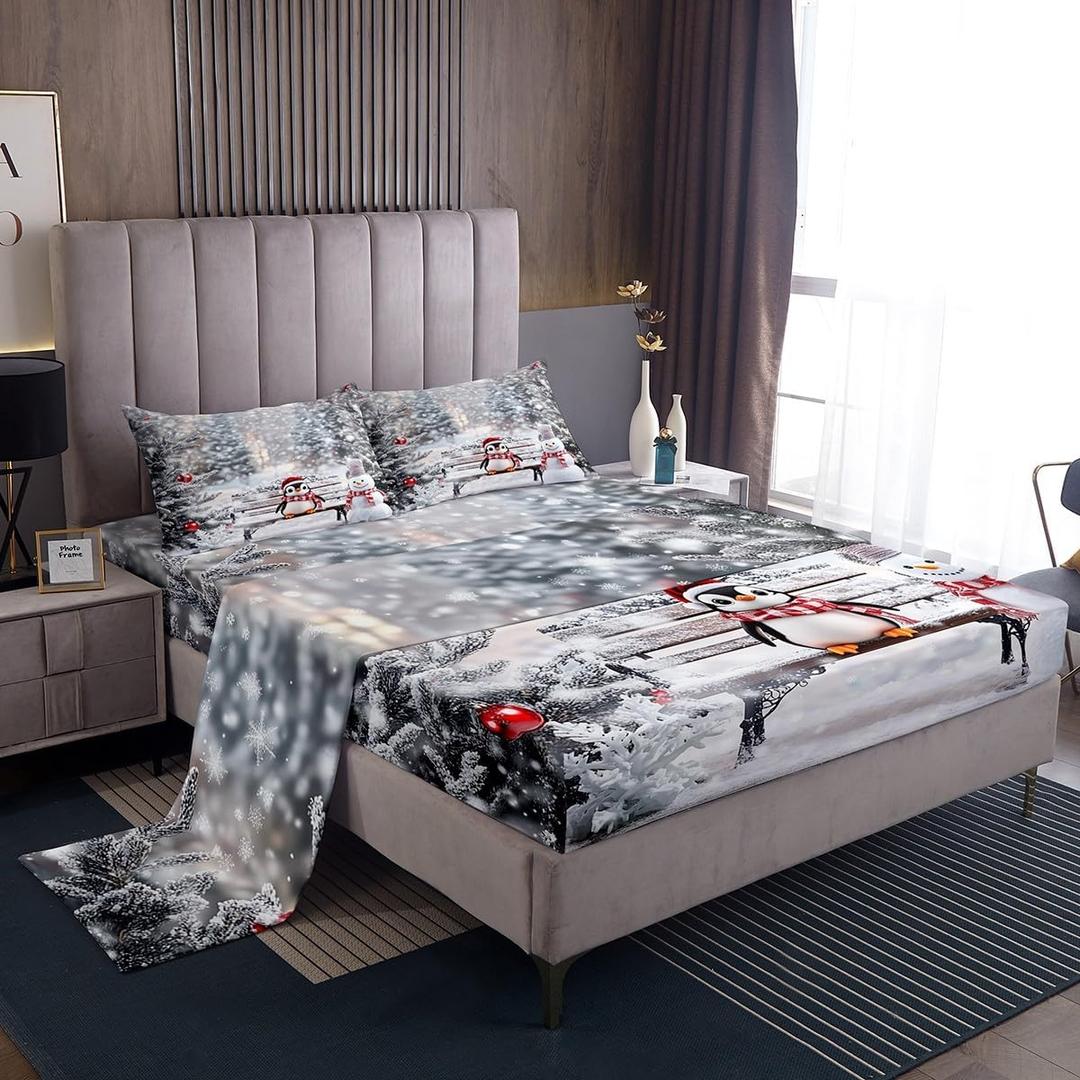 Feelyou Merry Christmas Bed Sheets Watercolor Penguin Bedding Set for Kids Boys Girls Cute Snowman Sheets Funny Animal Sheets Set Room 3Pcs Twin Size,1 Fitted Sheet+1 Pillow Sham+1 Flat Sheet (Grey White Black)