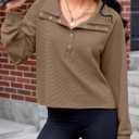 Womens Cropped Sweatshirts Henley V Neck Long Sleeve Button Pullover Lightweight Casual Tops (Brown)