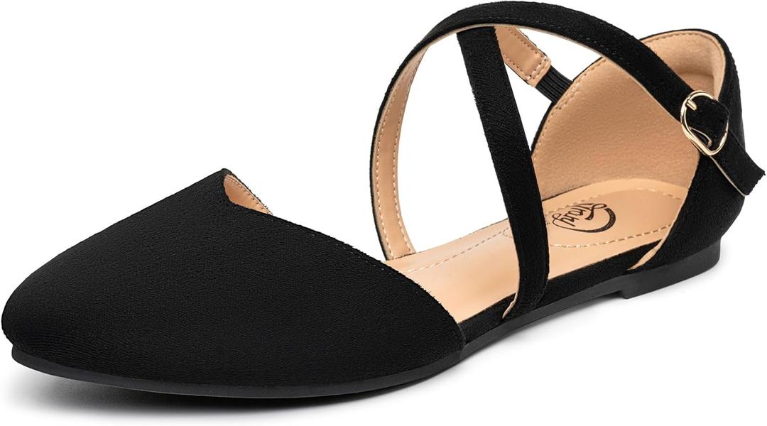 Trary Women's Flats, Black Wide Width Dress Shoes, Ankle Strap Closed Toe Ballet Flats (5)
