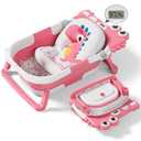 Collapsible Baby Bathtub for Newborn, Foldable Baby Bath Tub with Thermometer & Soft Floating Cushion & Drain Hole, Portable Travel Infant Bath Tubs for Newborns to Toddler 0-36 Months Girl, Pink