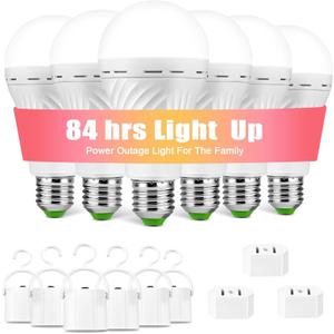 6 Pack Rechargeable Emergency Light Bulbs, Battery Powered LED Light Bulb 6000K Daylight E26 12W 60W Equivalent with 1500mAh for Home Power Outage Camping Hiking( 6 Bulbs, 6 Hooks,3 Plug Caps)