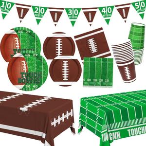 Gatherfun Football Party Supplies Kit Serve 24,Includes Dinner Plates, Dessert Napkins, Cups,Banner and Touchdown Tablecloth for Birthday Gameday Tailgate Decorations, Green (2023053002)